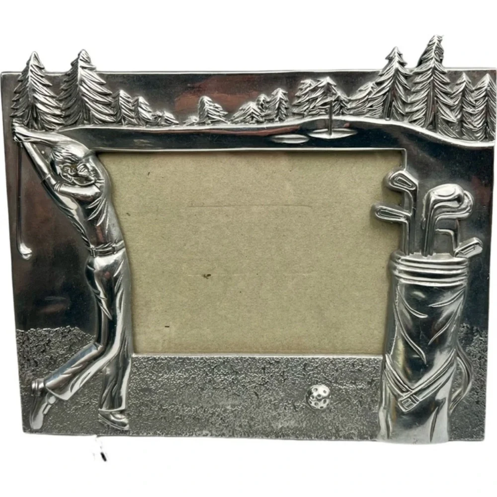 Silver Tone Golf Picture Frame Golfer Golf Bag Course Scene 5x7